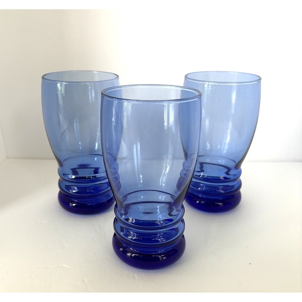Vintage Set of 3 Libbey BANGLES Cobalt Blue Rippled Based 16 Oz Coolers Tumblers